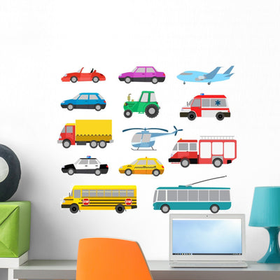 Cartoon Cute Cars Wall Decal Sticker Set shown on a wall