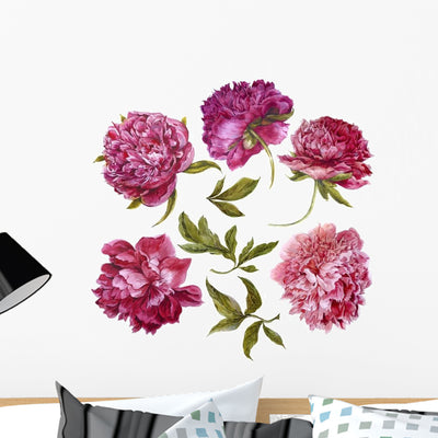 Watercolor Dark Pink Peonies Wall Decal Sticker Set shown on a wall