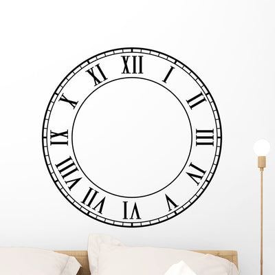 Roman Numeral Clock Wall Decal shown on a wall