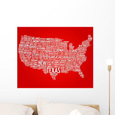 Word Cloud USA Map Wall Decal shown on a wall