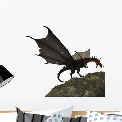 Fantasy Dragon Landing on a Rock Wall Decal shown on a wall