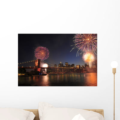 Brooklyn Bridge and Fireworks Wall Decal shown on a wall
