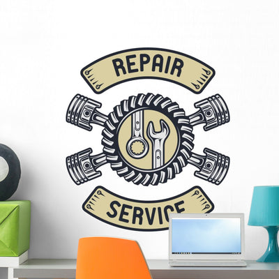 Repair Service Emblem Wall Decal shown on a wall