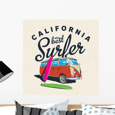 Best Surfing California Label Wall Decal shown on a wall