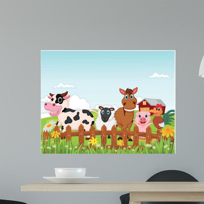 Happy Farm Animal Cartoon Wall Decal shown on a wall