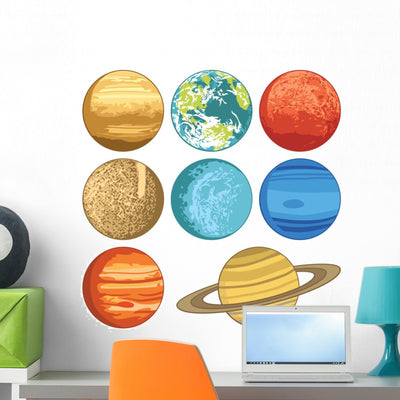 Cartoon Solar System Planets Wall Decal Sticker Set shown on a wall