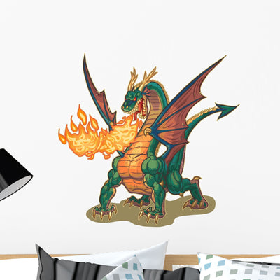 Muscular Fire Breathing Dragon Wall Decal shown on a wall