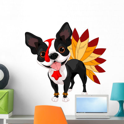 Thanksgiving Boston Terrier Wall Decal shown on a wall