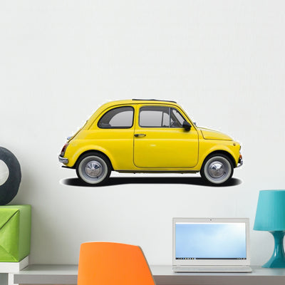 Classic Yellow Italian Supermini Car Wall Decal shown on a wall