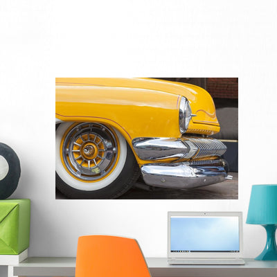 Yellow Chrome Classic Car Wall Decal shown on a wall