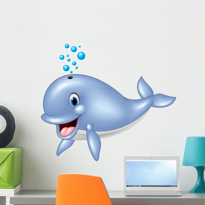 Cartoon Funny Blue Whale Wall Decal shown on a wall