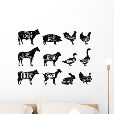 Farm Animals Butchery Silhouettes Wall Decal Sticker Set shown on a wall
