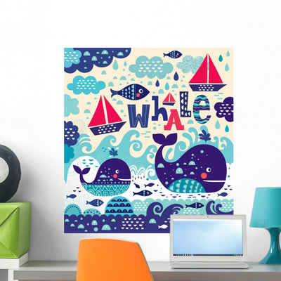 Cartoon Whale and Fish Wall Decal shown on a wall