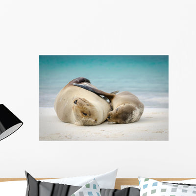 Mother and Child Sea Wall Decal shown on a wall