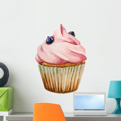 Watercolor Cupcake Wall Decal shown on a wall