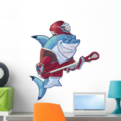 Mean Cartoon Lacrosse Shark Wall Decal shown on a wall