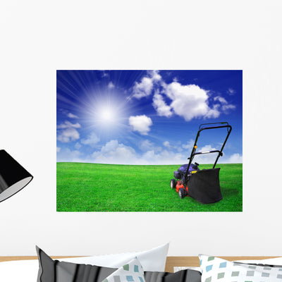 Lawn Mower Green Field Wall Decal shown on a wall