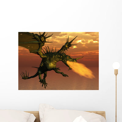 3D Render Fire-breathing Dragon Wall Decal shown on a wall