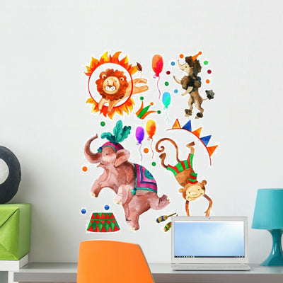 Watercolor Circus Wall Decal Sticker Set shown on a wall