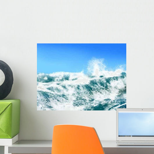 White Ocean Waves on Blue Sky Background-Computer Illustration Wall Mural