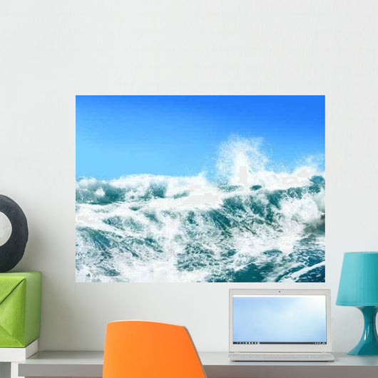 White Ocean Waves on Blue Sky Background-Computer Illustration Wall Mural
