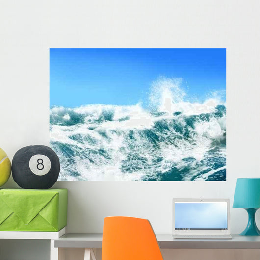 White Ocean Waves on Blue Sky Background-Computer Illustration Wall Mural