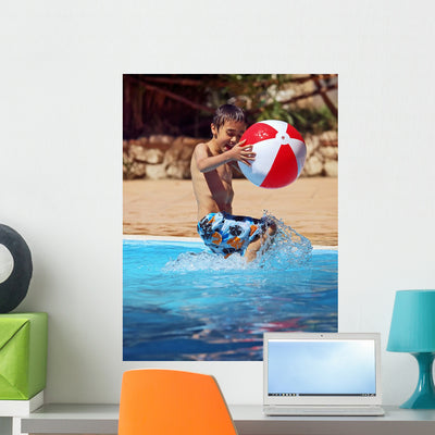Kids Playing Swimming Pool Wall Decal shown on a wall