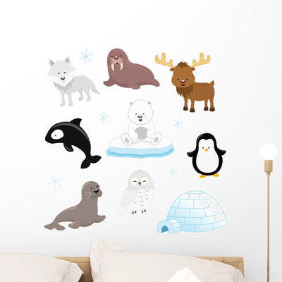 Arctic Animal Set Wall Decal Sticker Set shown on a wall