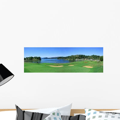 Playing Golf Lake Summer Wall Decal shown on a wall