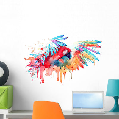 Rainbow Watercolor Parrot Wall Decal shown on a wall