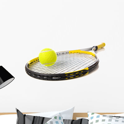 Tennis Ball and Racket Wall Decal shown on a wall