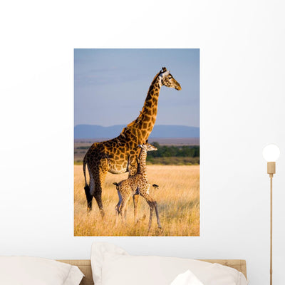 Female Giraffe with Baby Wall Decal shown on a wall