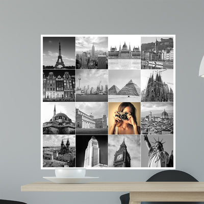 Traveler Taking Pictures Wall Decal shown on a wall