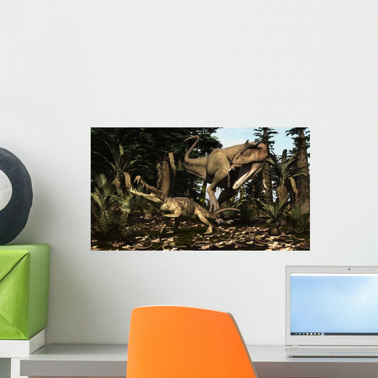 Large Carcharodontosaurus Attacks Kaprosuchus Wall Decal