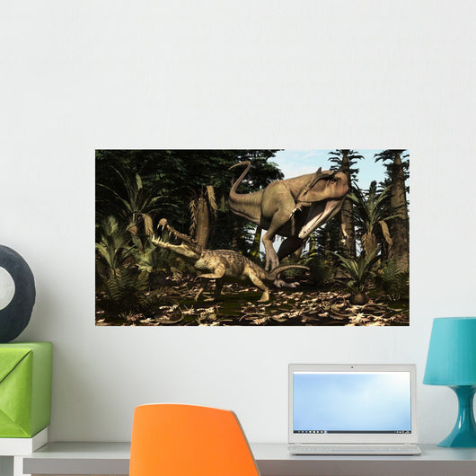 Large Carcharodontosaurus Attacks Kaprosuchus Wall Decal