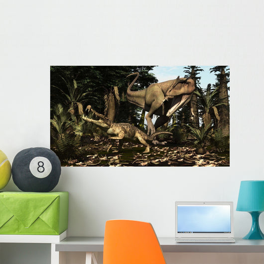 Large Carcharodontosaurus Attacks Kaprosuchus Wall Decal