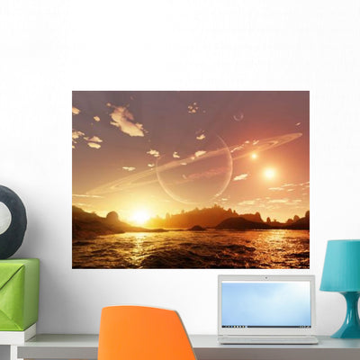 Scene Distant Moon Orbiting Wall Decal shown on a wall