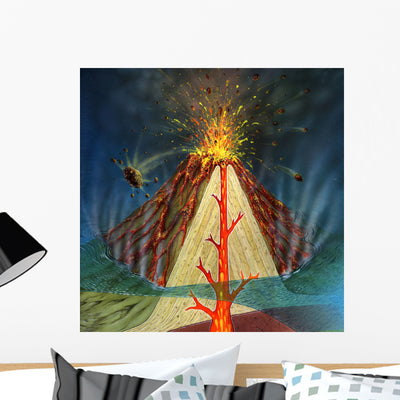 Diagram Volcano Erupting Wall Decal shown on a wall