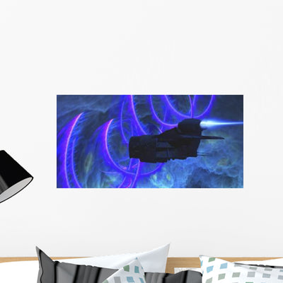 Spaceship Flies near Cosmic Wall Decal shown on a wall