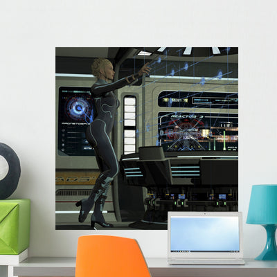 Young Woman Operating Holographic Wall Decal shown on a wall