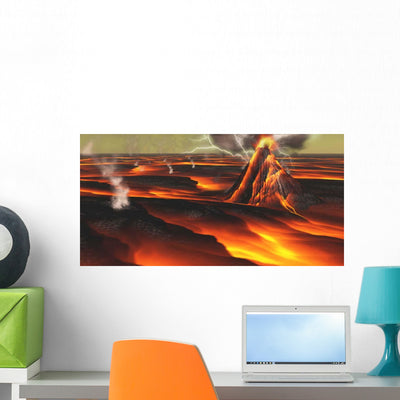 Volcanic Eruption Alien Planet Wall Decal shown on a wall