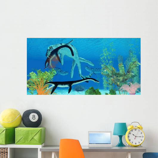 Dakosaurus Attacks Small Plesiosaurus Wall Decal