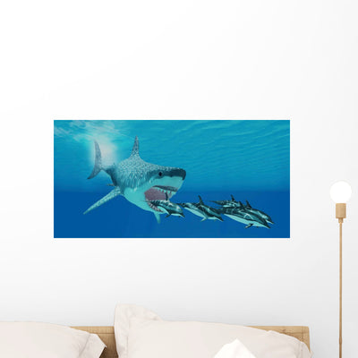 Huge Megalodon Shark Swims Wall Decal shown on a wall