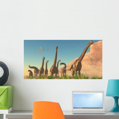 Herd Brachiosaurus Travel near Wall Decal shown on a wall