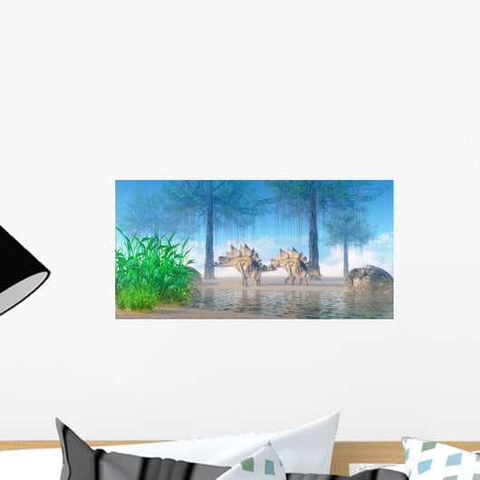 Pair Stegosaurus Walking near Wall Decal