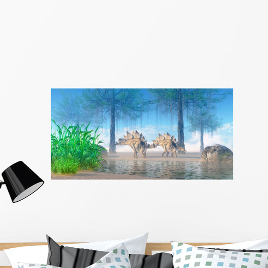 Pair Stegosaurus Walking near Wall Decal