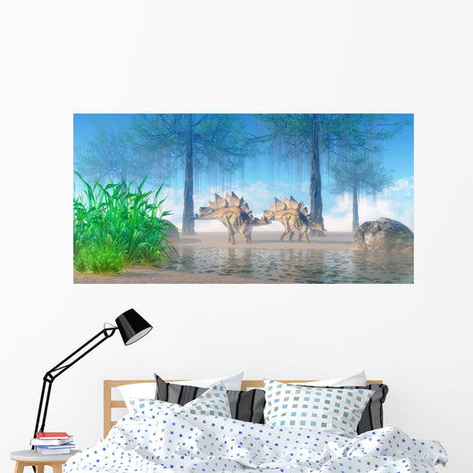 Pair Stegosaurus Walking near Wall Decal
