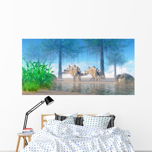 Pair Stegosaurus Walking near Wall Decal