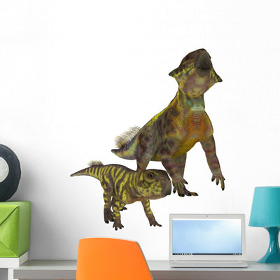 Adult Psittacosaurus Dinosaur with Wall Decal Design 1 shown on a wall