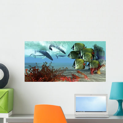 School Redtail Butterflyfish Watch Wall Decal shown on a wall